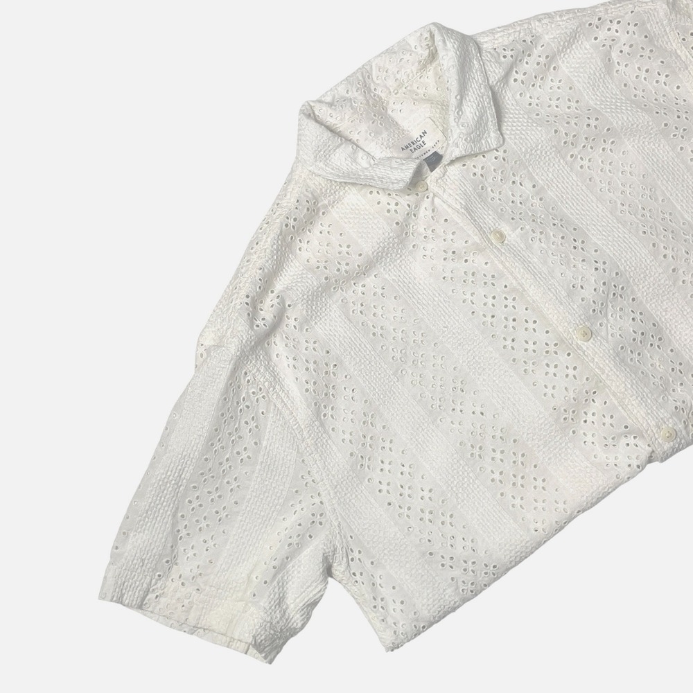 American Eagle Eyelet Shirt Mens Small White Button Up Cotton Camp Casual